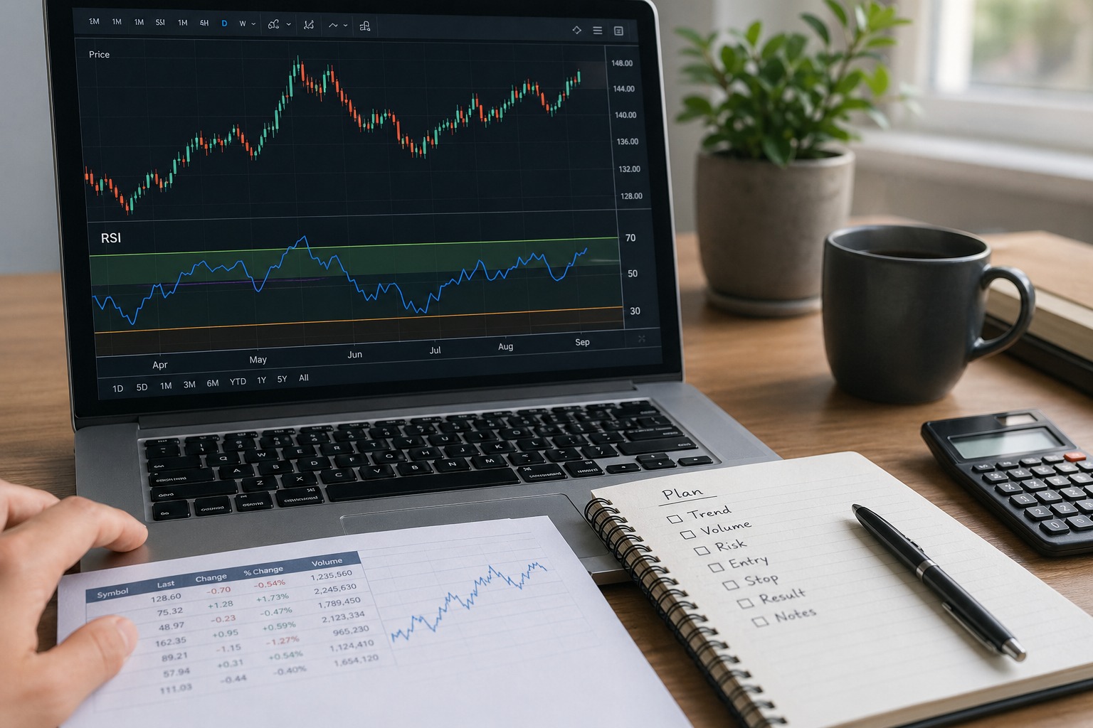 Инвестор изучает RSI индикатор на графике акций